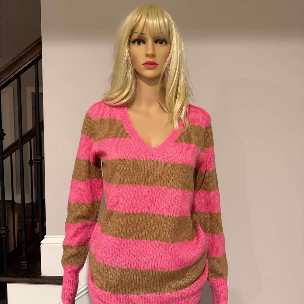 J Crew Vibrant Pink and Brown Striped V-Neck Sweater